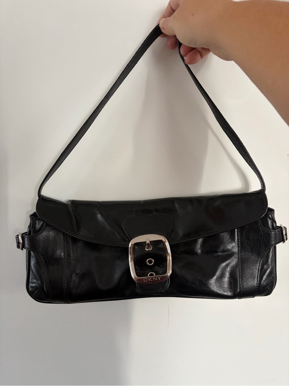 DKNY Black Leather Shoulder Bag with Silver Buckle